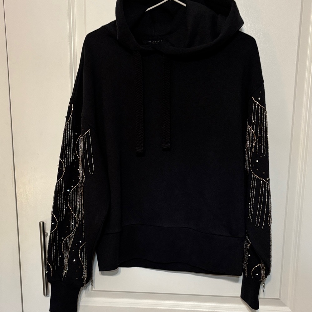 AllSaints Lennon Tassel  Black Hoodie with Silver Beaded Fringe on Sleeves